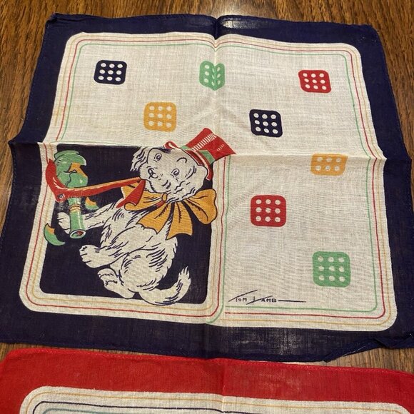 2 Vintage Tom Lamb Kids Hankies Dog Dice Red Blue Favorites 8 1/2" Square - Picture 2 of 8